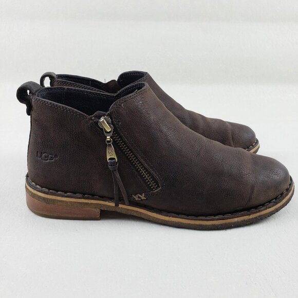 Ugg Clementine Ankle Boot Womens 8 Brown Leather Shearling Lined Side Zip Bootie - Picture 1 of 14